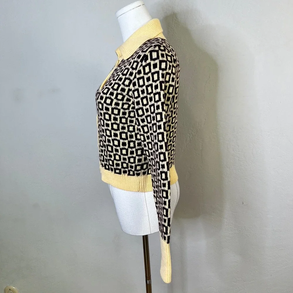 Zara‎ Cardigan Sweater Geometric Collared Size Small Yellow NEW Retro Wool Blend